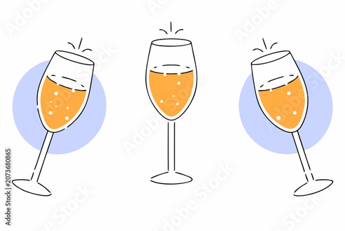 Three wine glasses filled with bubbly orange liquid in a vector illustration design