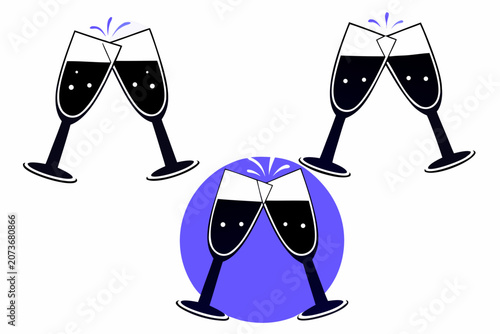 Vector illustration of three pairs of champagne glasses clinking together in celebration with a purple circle design