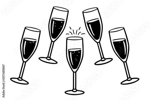 Four champagne flutes clinking together in celebration with one in the center making a joyful sound