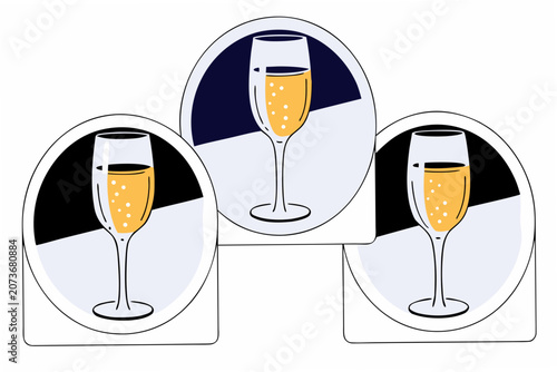 Vector illustration of three champagne glasses with bubbles on a geometric background design