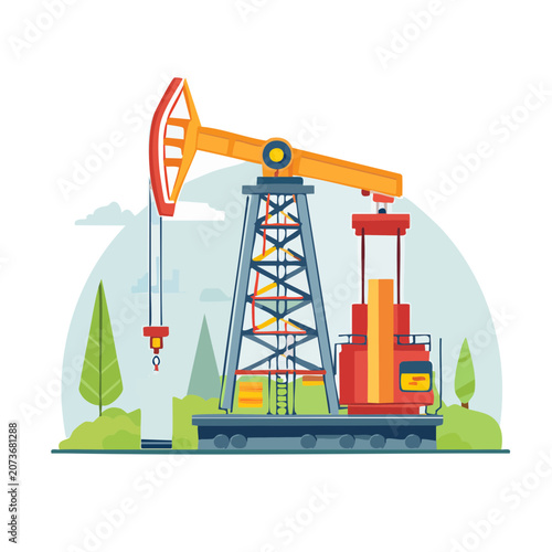 Flat illustration of an oil pumpjack and derrick