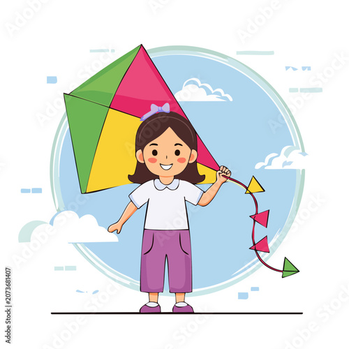 Girl flying colorful kite in flat illustration style