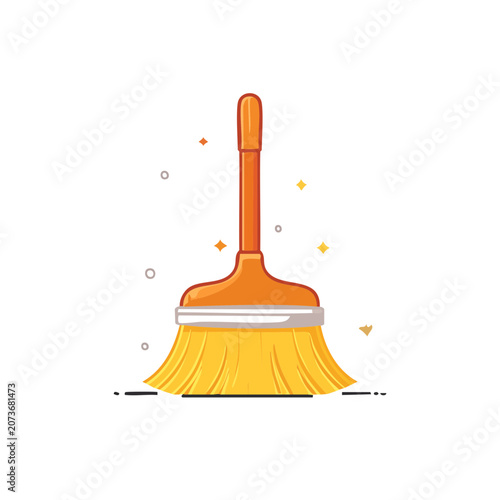 Orange broom with yellow bristles flat vector illustration