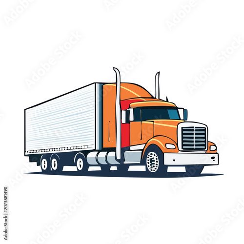Orange Semi Truck with Trailer Flat Vector Illustration
