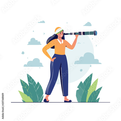 Woman using telescope in nature illustration