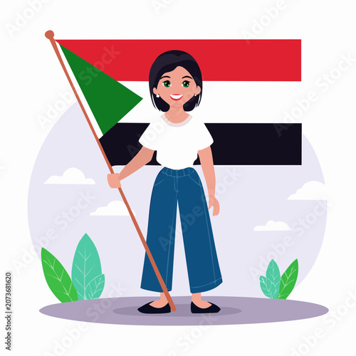 Woman holding the flag of Sudan in flat design style