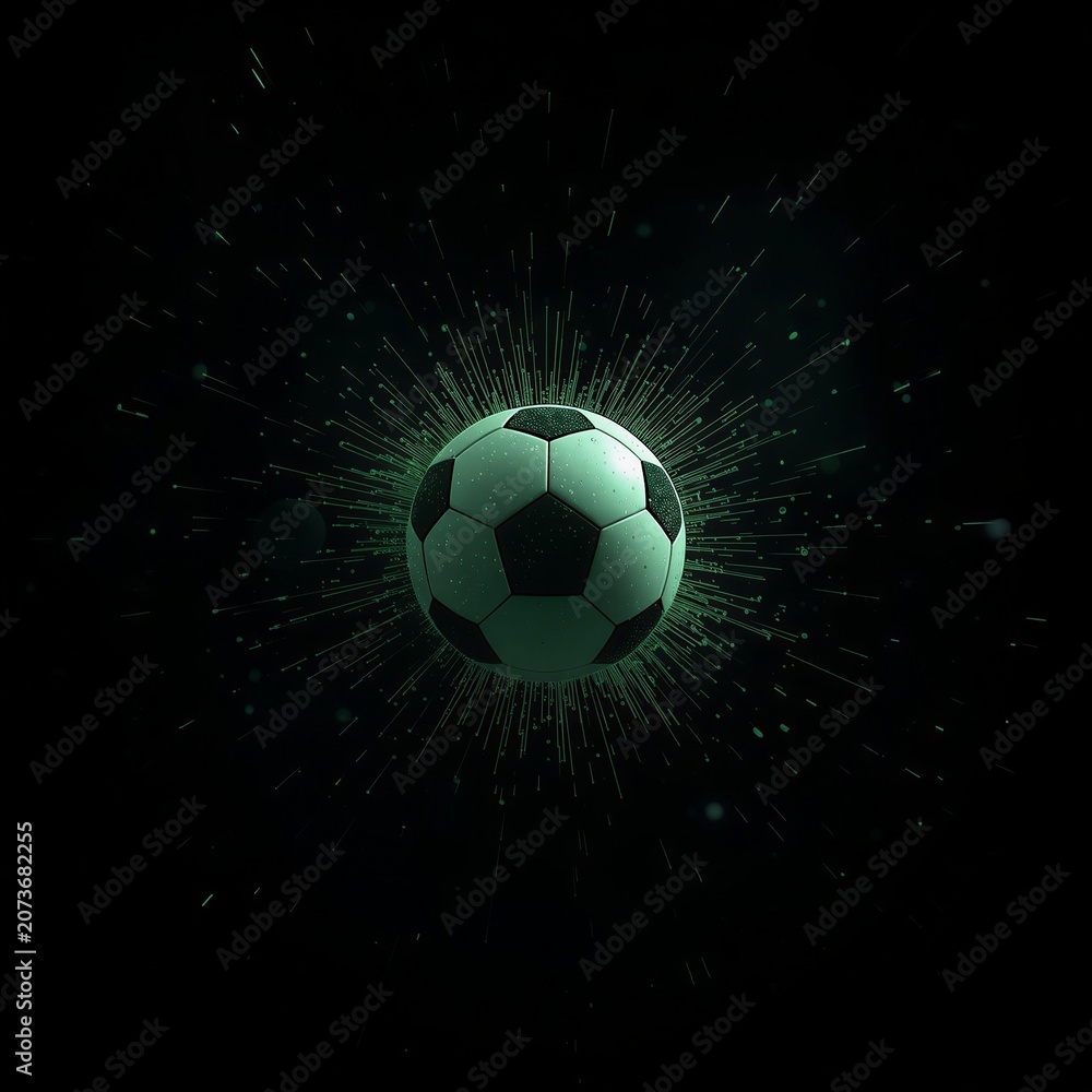 Fototapeta premium Glowing soccer ball with green energy particles on a dark background