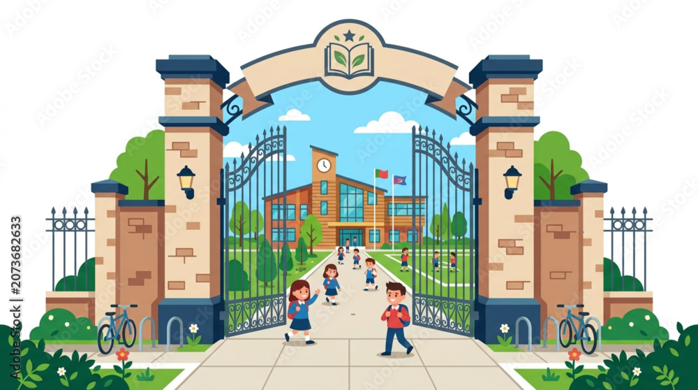 Fototapeta premium Grand ornate entrance gate to a beautiful educational institution with students walking towards a classic building under a bright sunny sky