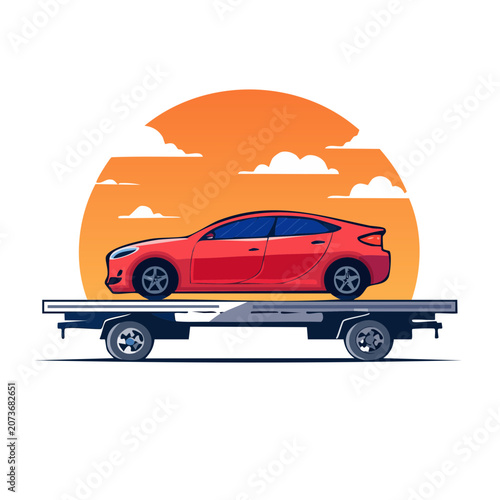 Flat vector illustration of orange car with umbrella