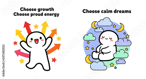 Cute cartoon characters representing growth and calmness in colorful illustrations with arrows and clouds transparent background