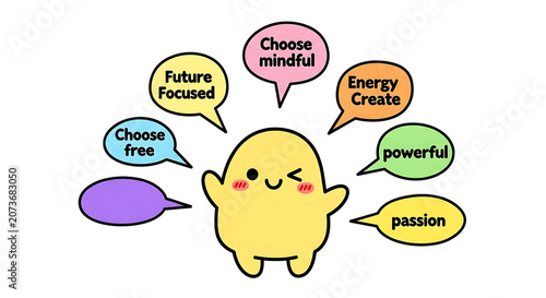 Cute yellow cartoon character surrounded by colorful speech bubbles with motivational phrases around it transparent background