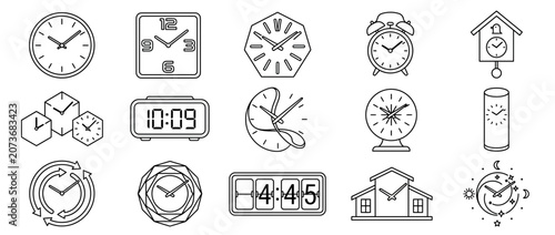 Obraz na płótnie Collection of diverse clock icons and time management symbols in minimalist line