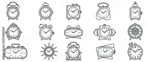 Tableau sur toile Collection of diverse vintage and modern alarm clock icons in minimalist line ar