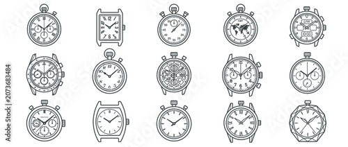 Quadro su tela Collection of minimalist wristwatch and pocket watch line art icons for time man