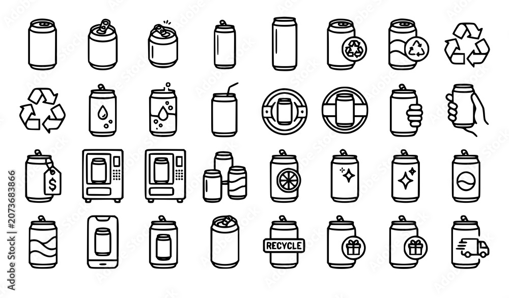 Fototapeta premium Minimal Black Line Soda Can Icons for Beverage Packaging and UI Vector Design