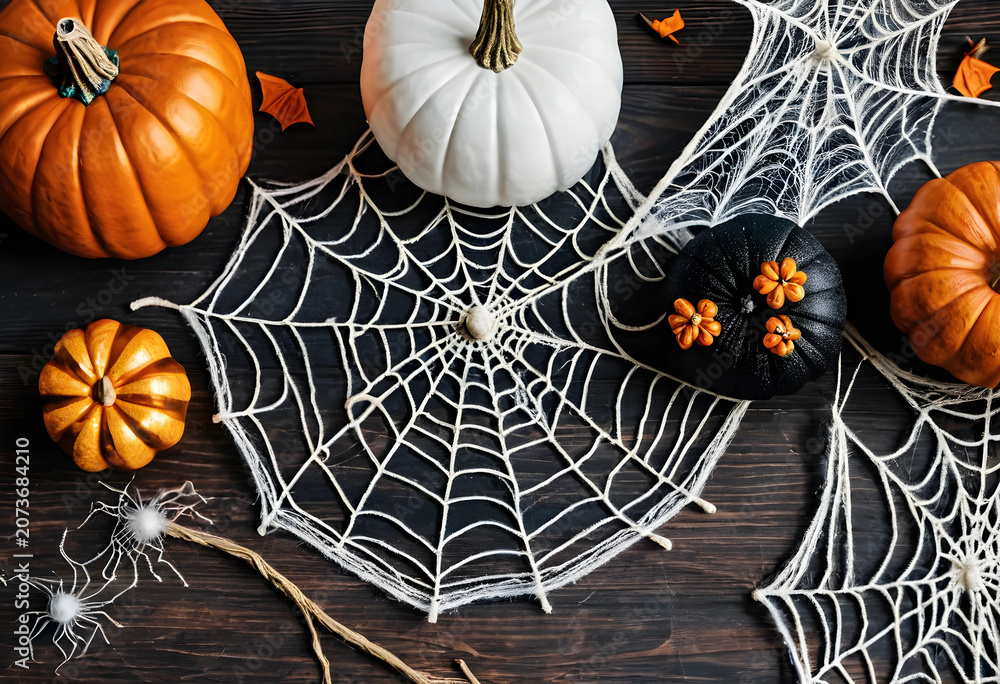 Fototapeta premium Halloween pumpkins with decorative spider webs on wooden surface