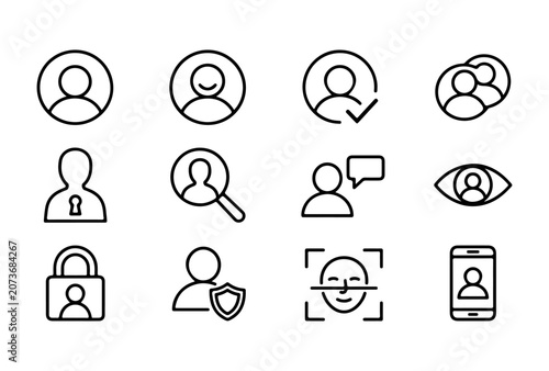 Comprehensive set of user profile, account security, and identity verification line icons for digital authentication and privacy solutions