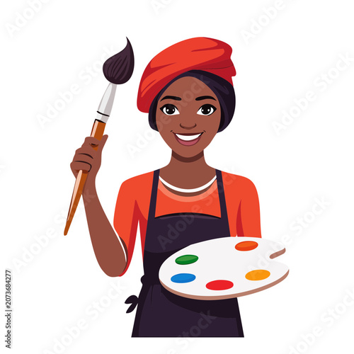 Smiling female artist holding paintbrush and palette