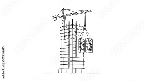 Modern Building Construction, Crane Lifting Modules, Architectural Design Sketch