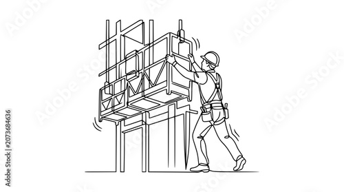 Construction worker on suspended platform, building facade, safety harness, industrial work, line art