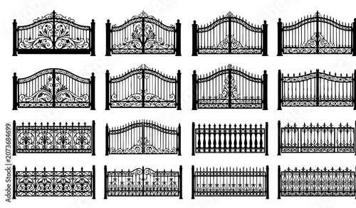 Canvastavla Wrought Iron Gate Fence Silhouette Black Vector Illustration Bundle Ornamental M