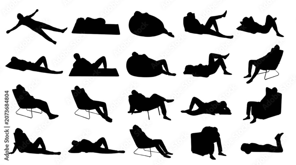 Fototapeta premium Silhouette collection of people doing yoga and stretching poses in relaxed setting isolated on transparent background, Vector