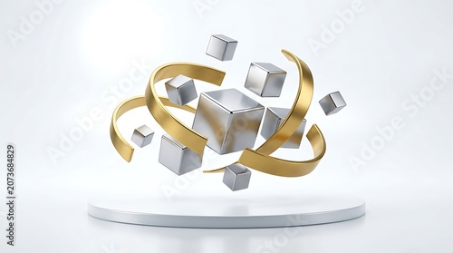 Abstract 3D render of floating silver cubes and golden ribbons above a white pedestal.