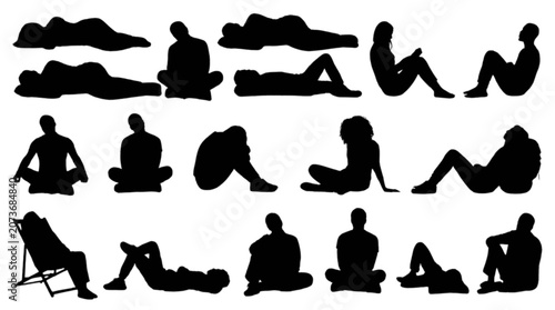 People relaxing and sitting in different poses on a park lawn isolated on transparent background, Vector