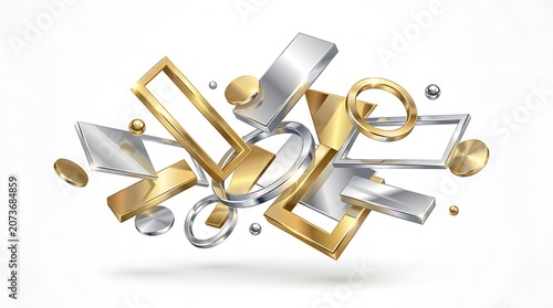 Abstract Composition of Gold and Silver Geometric Shapes Floating.