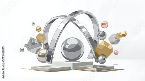 Abstract 3D Rendered Composition with Metallic Spheres and Geometric Shapes.