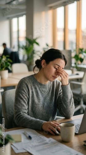 Tired Woman Rubbing Eyes At Desk Overwhelmed With Work Tasks