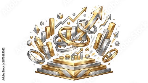 Dynamic Financial Growth Illustration with Gold and Silver Elements.