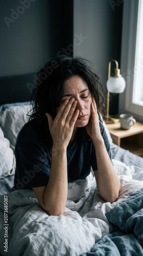 Tired Woman Rubbing Eyes Waking Up Feeling Sleepy In Bed Early Morning
