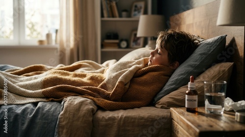 Tired Young Boy Recovering In Bed With Medicine