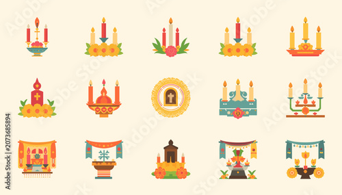 Konstfotografi Collection of colorful flat design icons representing Day of the Dead ofrendas and altar elements, including candles, flowers, and decorative structures