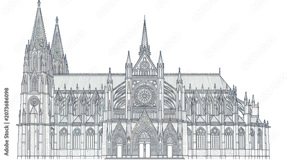 Fototapeta premium Gothic Cathedral Facade Drawing - Architectural Blueprint Style