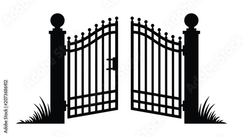 Foto Ornate Wrought Iron Gates, with Decorative Finials and Grass Isolated on White V