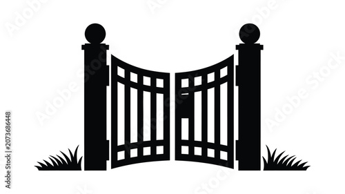 Foto Ornate Wrought Iron Gates, with Decorative Finials and Grass Isolated on White V