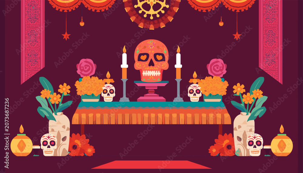 Naklejka premium Vibrant Dia de los Muertos altar with a central skull, candles, marigolds, and sugar skulls, celebrating Mexican tradition.