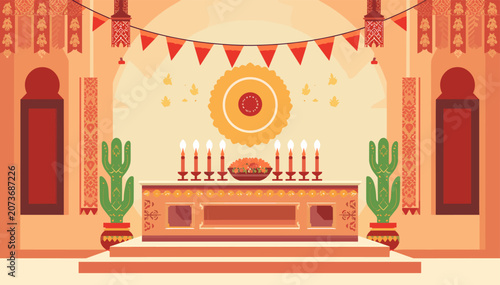 Obraz na plátně A beautifully decorated altar with menorah, challah bread, and cacti, set against a warm, festive backdrop with banners and ornate pillars