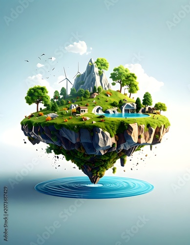 A floating island with lush greenery, water, and sustainable energy