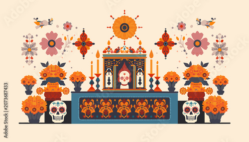 Tableau sur toile Vibrant and intricate Day of the Dead altar illustration with marigolds, sugar skulls, and traditional Mexican folk art elements