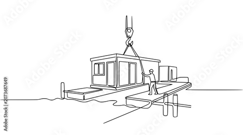 Crane lifting modular building onto floating platform with worker guiding