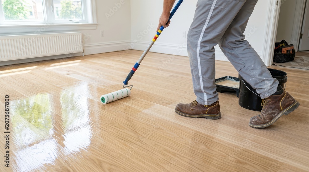Fototapeta premium Professional worker applying varnish to a wooden floor with a paint roller