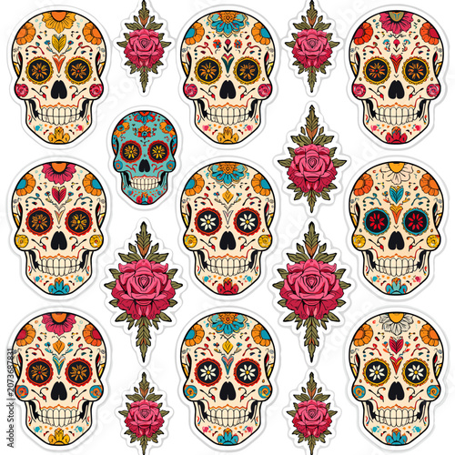 Картината върху платно Vibrant collection of decorated sugar skulls and stylized roses, embodying Day of the Dead artistry and cultural celebration