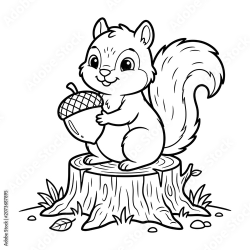 Squirrel sitting on a tree stump holding an acorn line art drawing for children activity book