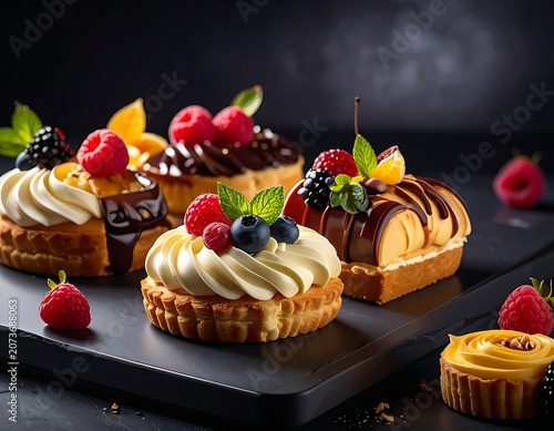 A plate of assorted fruit tarts with berries and cream