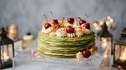 Fresh green pancakes stacked with whipped cream and bright red s