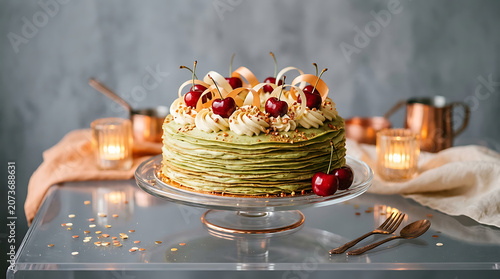 Layered green cake with fresh strawberries and cream on a glass