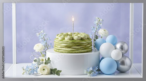 Tiered celebration cake decorated with white and blue balloons